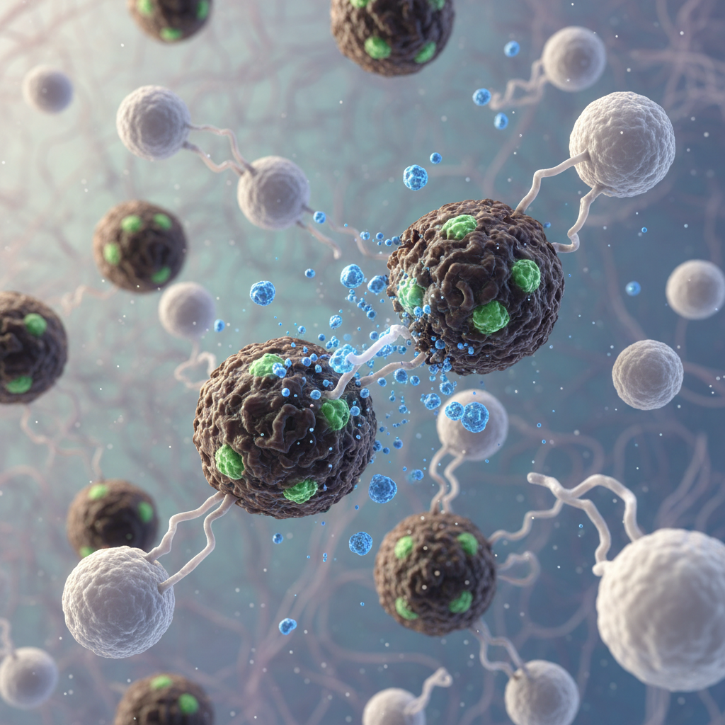 Detailed illustration of immune cells targeting melanoma cancer cells through immunotherapy.
