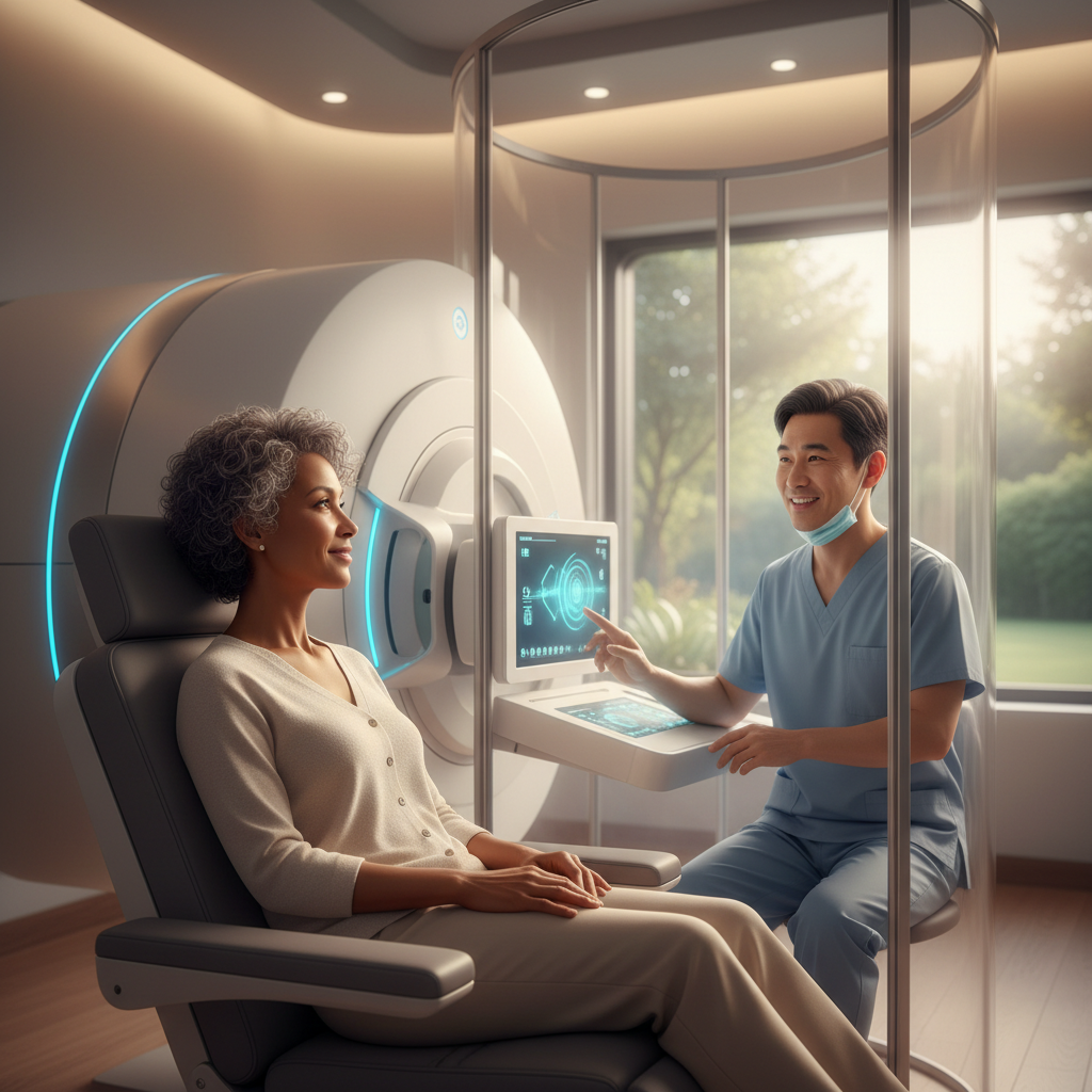 Patient conversing with a doctor through a glass partition in a proton therapy treatment room, indicating advanced cancer care.