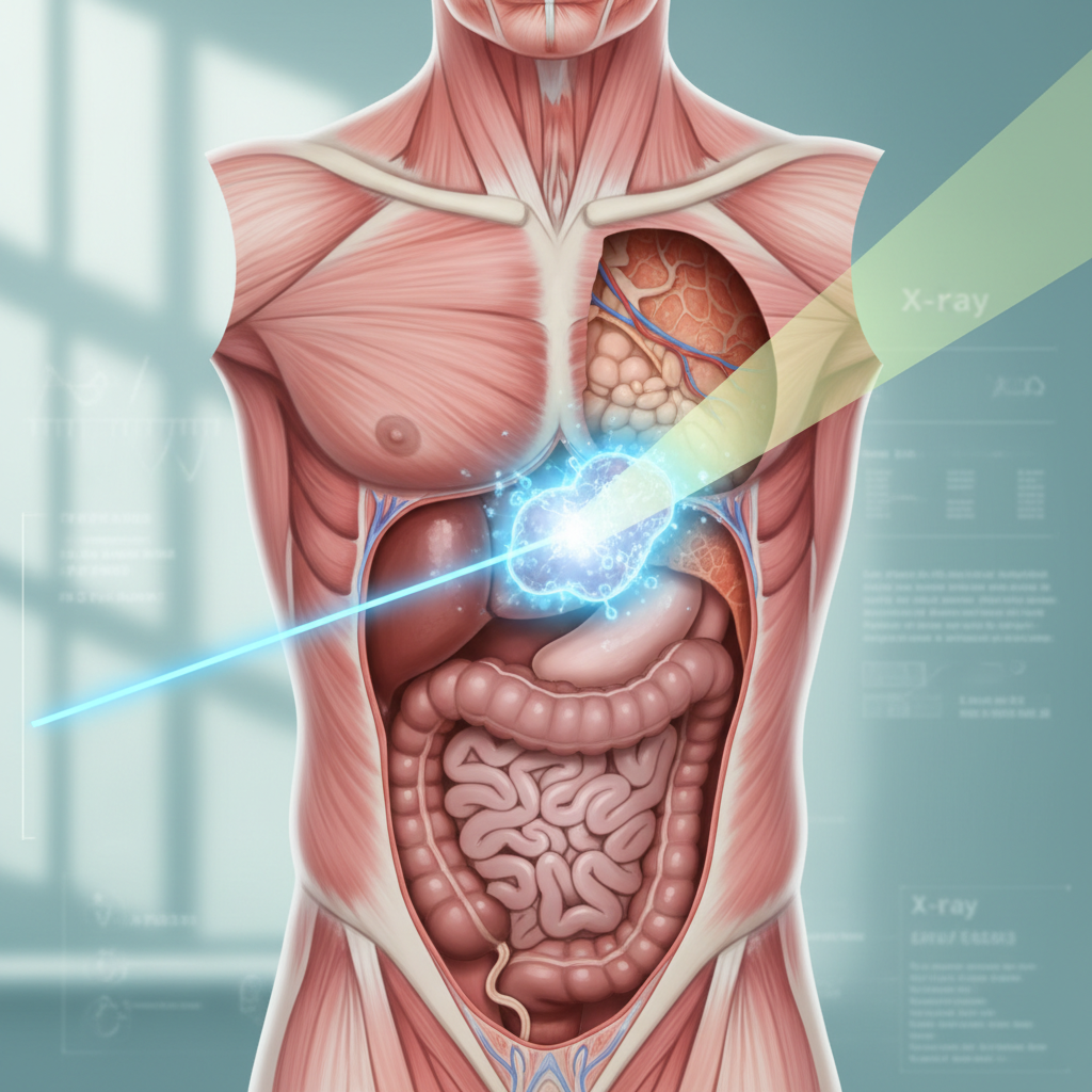 Illustration comparing the precision of a proton beam versus a traditional X-ray beam in targeting a tumor within the human body, highlighting reduced healthy tissue damage with proton therapy.