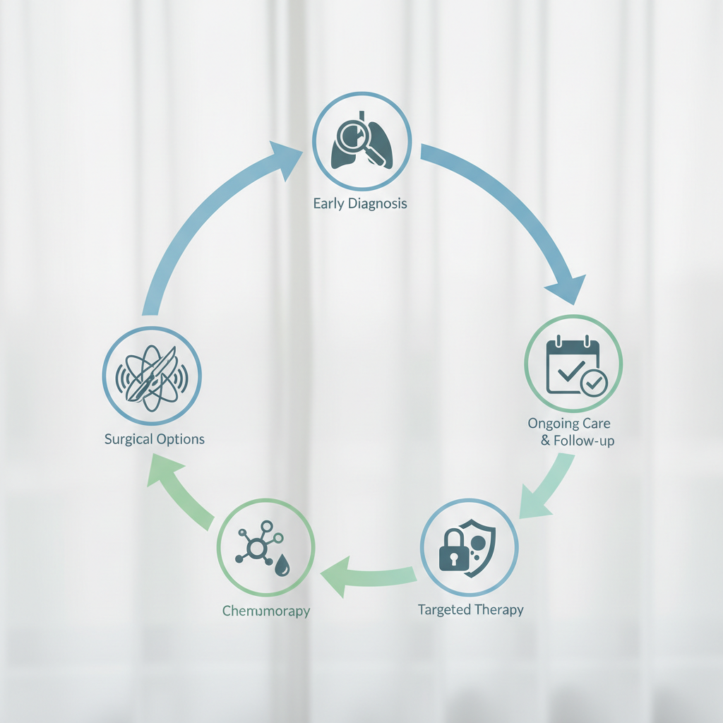 Infographic detailing the pathways and options within non-small cell lung cancer treatment, from surgery to advanced therapies.