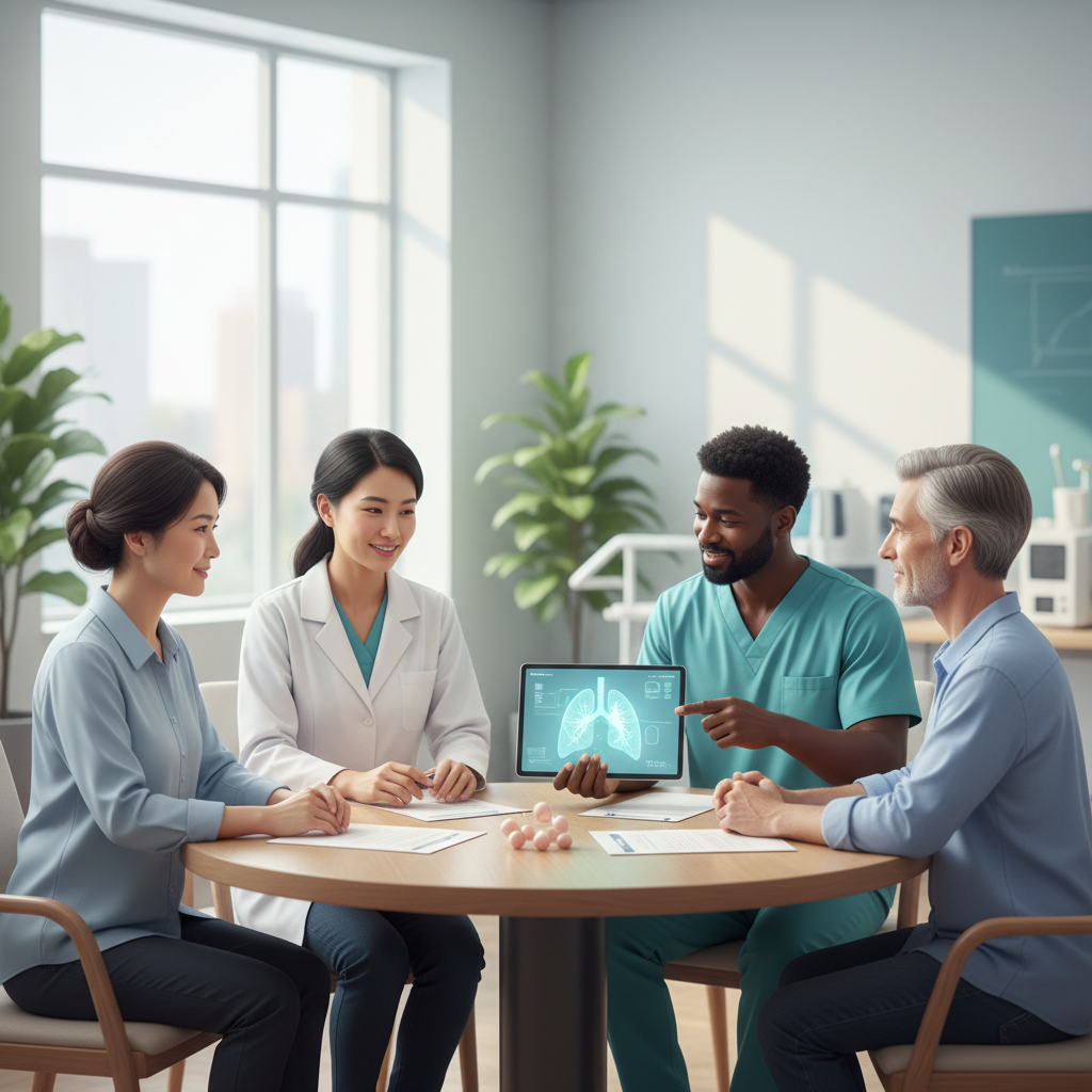 A team of lung cancer specialists discussing treatment options with a patient and their family in a comforting clinic setting in Orange County.