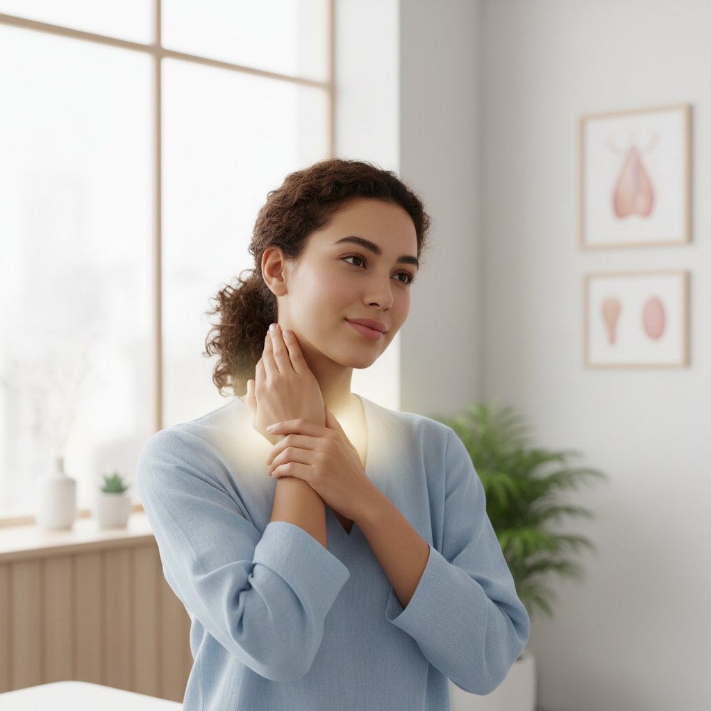 A patient gently feeling for swollen lymph nodes in their neck, illustrating awareness of potential lymphoma symptoms.