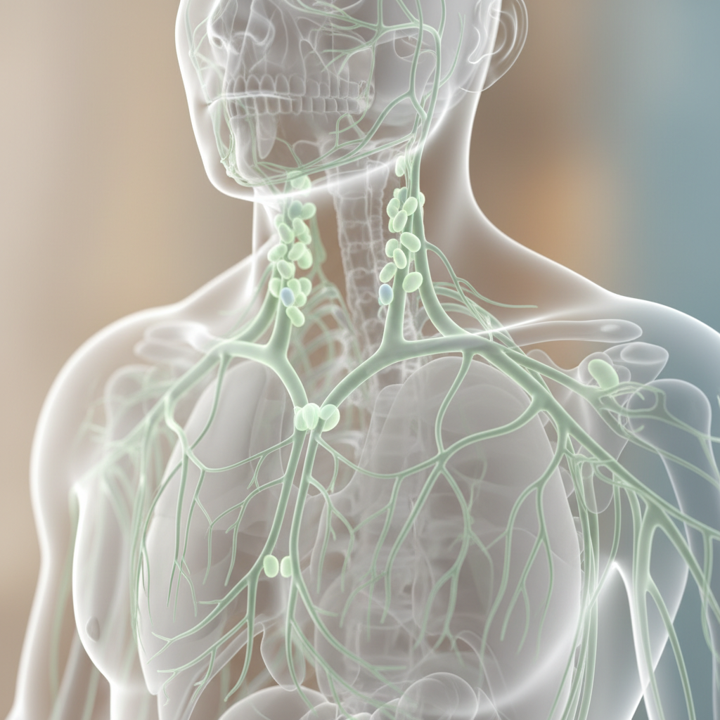 Anatomical illustration of the lymphatic system, showing the network of lymph nodes and vessels throughout the body, particularly in the neck, armpits, and groin.
