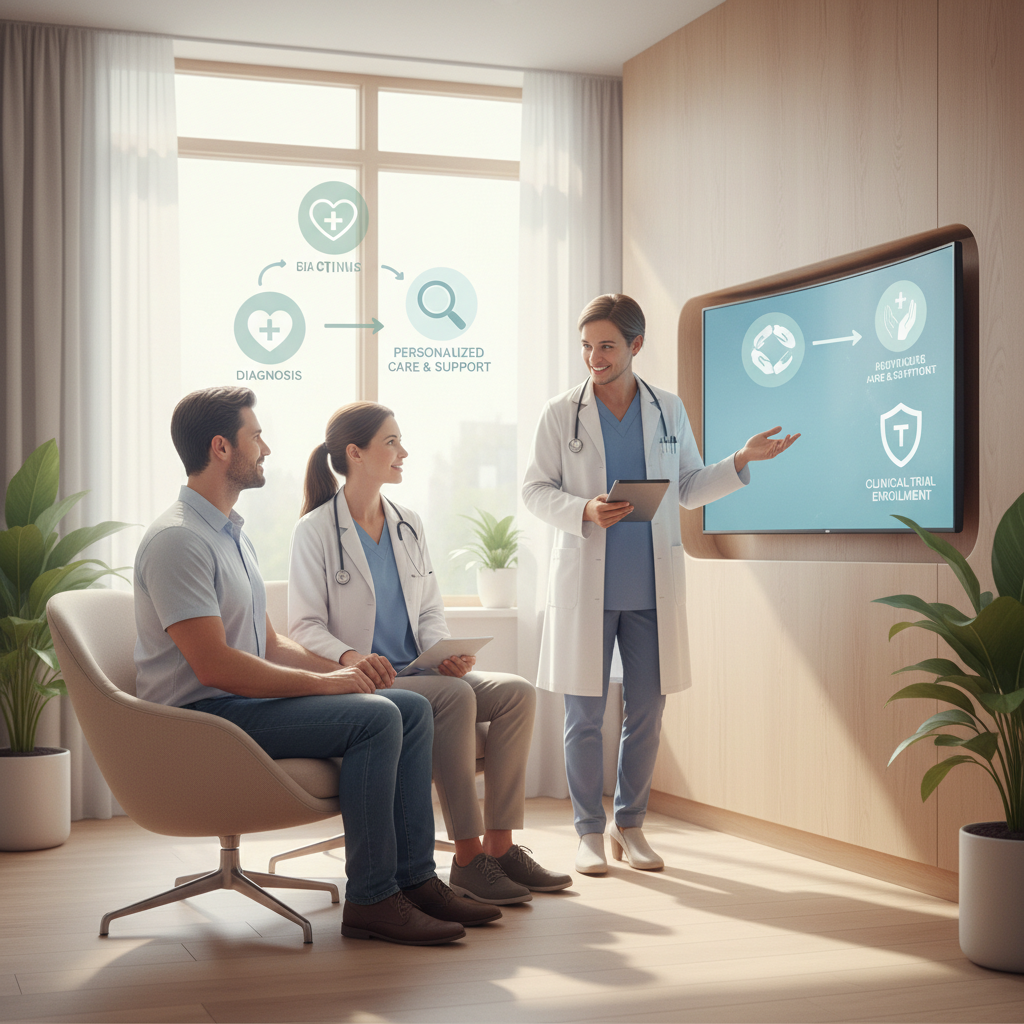 Patient, doctor, and coordinator discussing clinical trial participation.