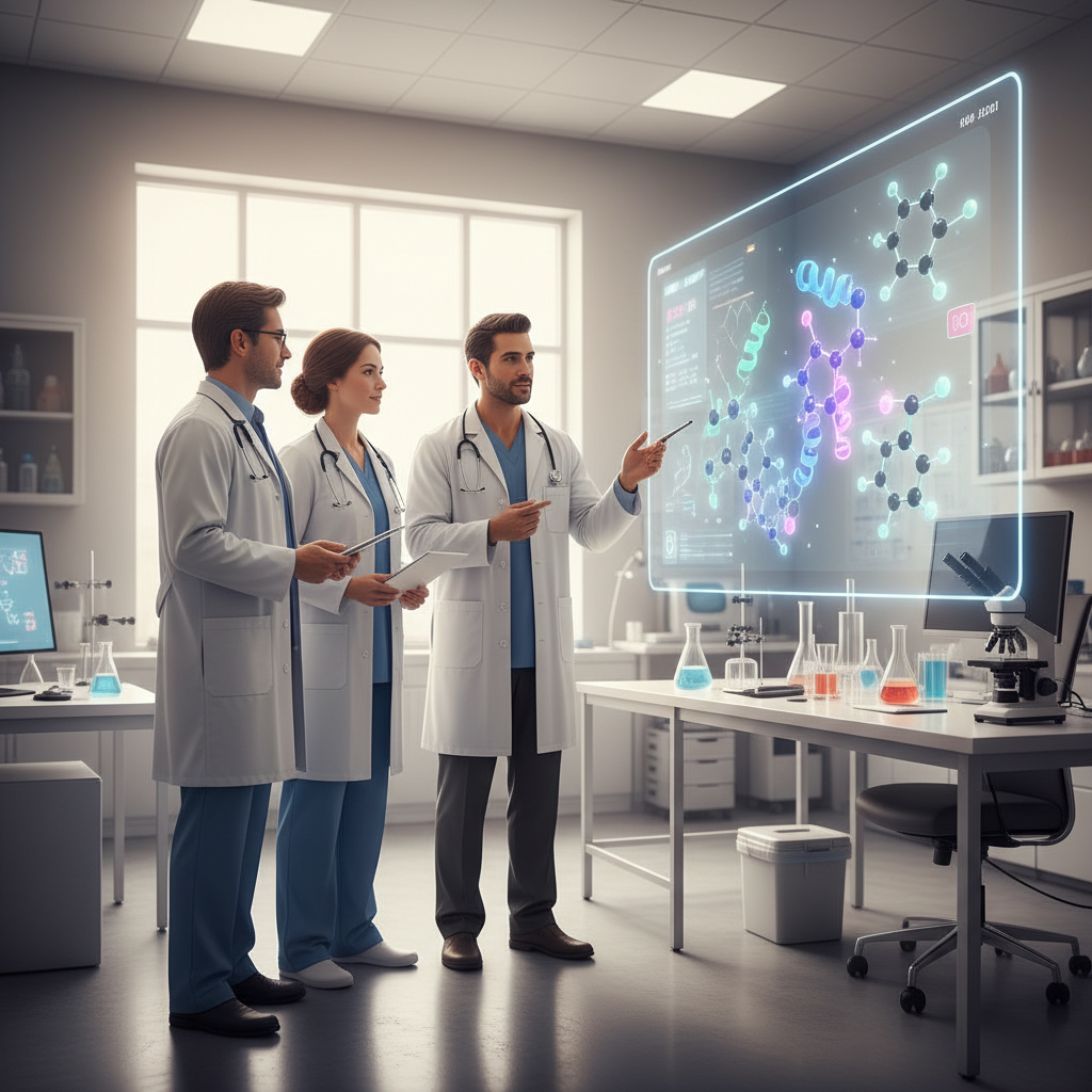 Medical professionals collaborating in a lab, researching breast cancer treatments.