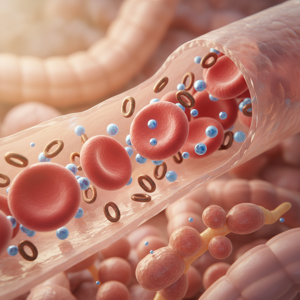 Detailed image showing red blood cells carrying oxygen, with iron molecules integrated, illustrating the biological process behind managing anemia.