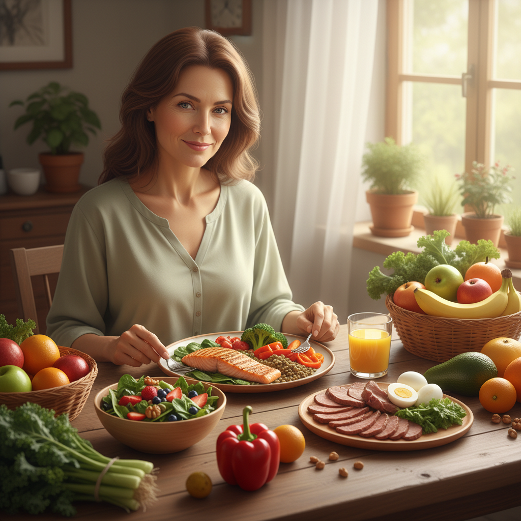 A person smiling gently while eating a colorful, healthy meal, symbolizing improved well-being during cancer treatment.