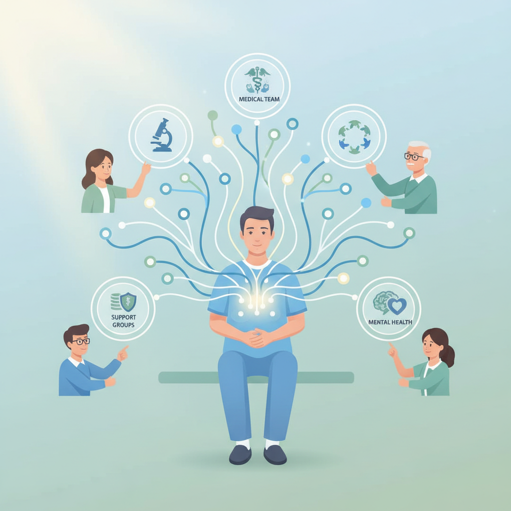 Infographic illustrating a comprehensive network of support services available to caregivers of prostate cancer patients.