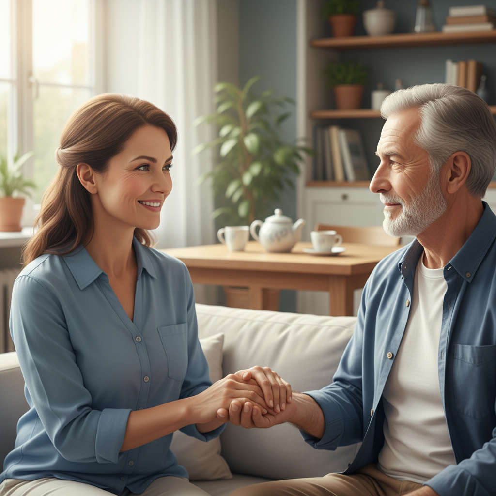 A caregiver providing emotional support to a loved one with prostate cancer in a warm home environment.