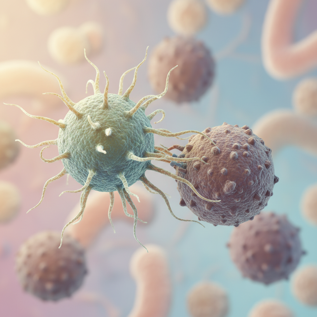 Stylized illustration of an immune cell attacking a colorectal cancer cell.