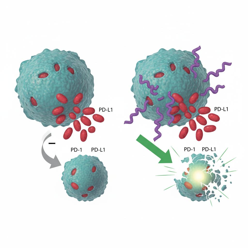 Diagram illustrating how immune checkpoint inhibitors block the interaction between cancer cells and T-cells, enabling the immune system to attack.