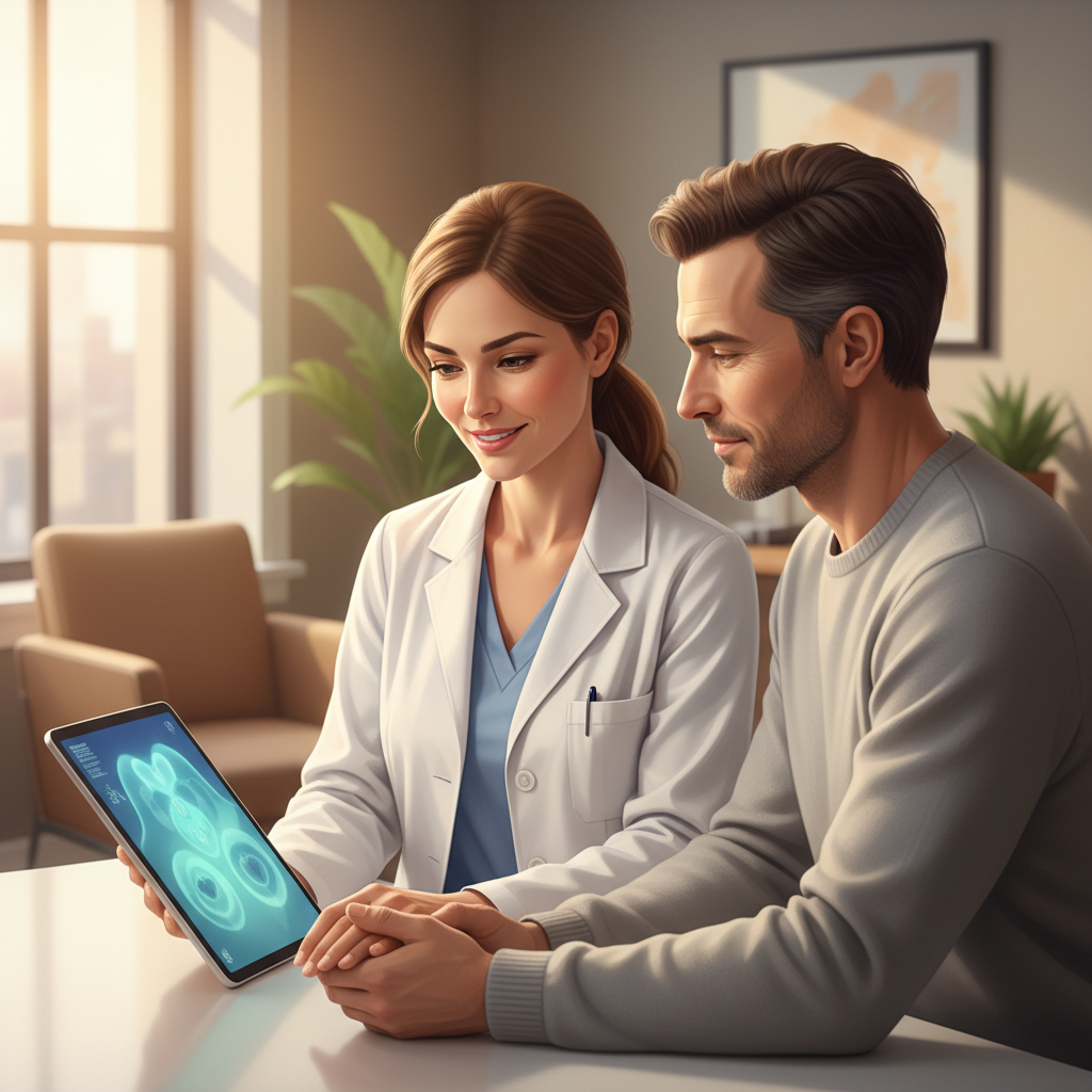 Patient and doctor reviewing medical results together, emphasizing a collaborative approach to care.