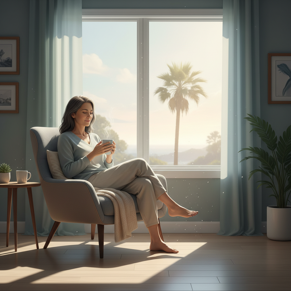 A person looking out a window with a peaceful expression, symbolizing hope and mental well-being for pancreatic cancer patients.