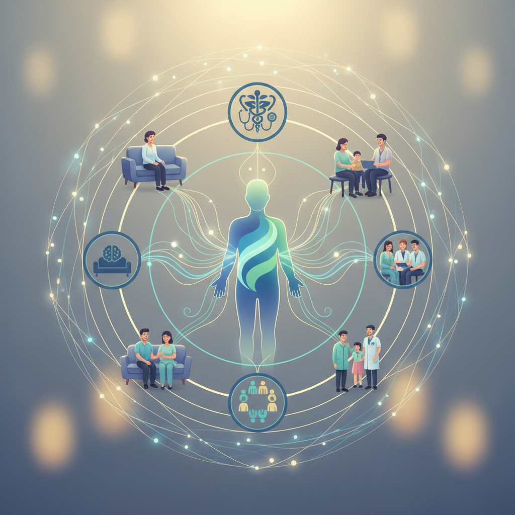 Diagram showing the interconnectedness of mental and physical health, with support systems surrounding a central patient figure.