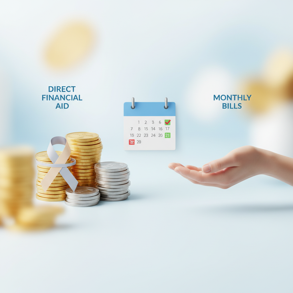 Infographic showing various forms of financial assistance, including direct monetary aid, bill assistance, and supportive resources, symbolized by hands, coins, and calendars.