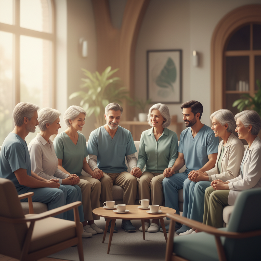 Diverse group of individuals, including patients and healthcare providers, finding support and connection in a warm, inviting community setting.