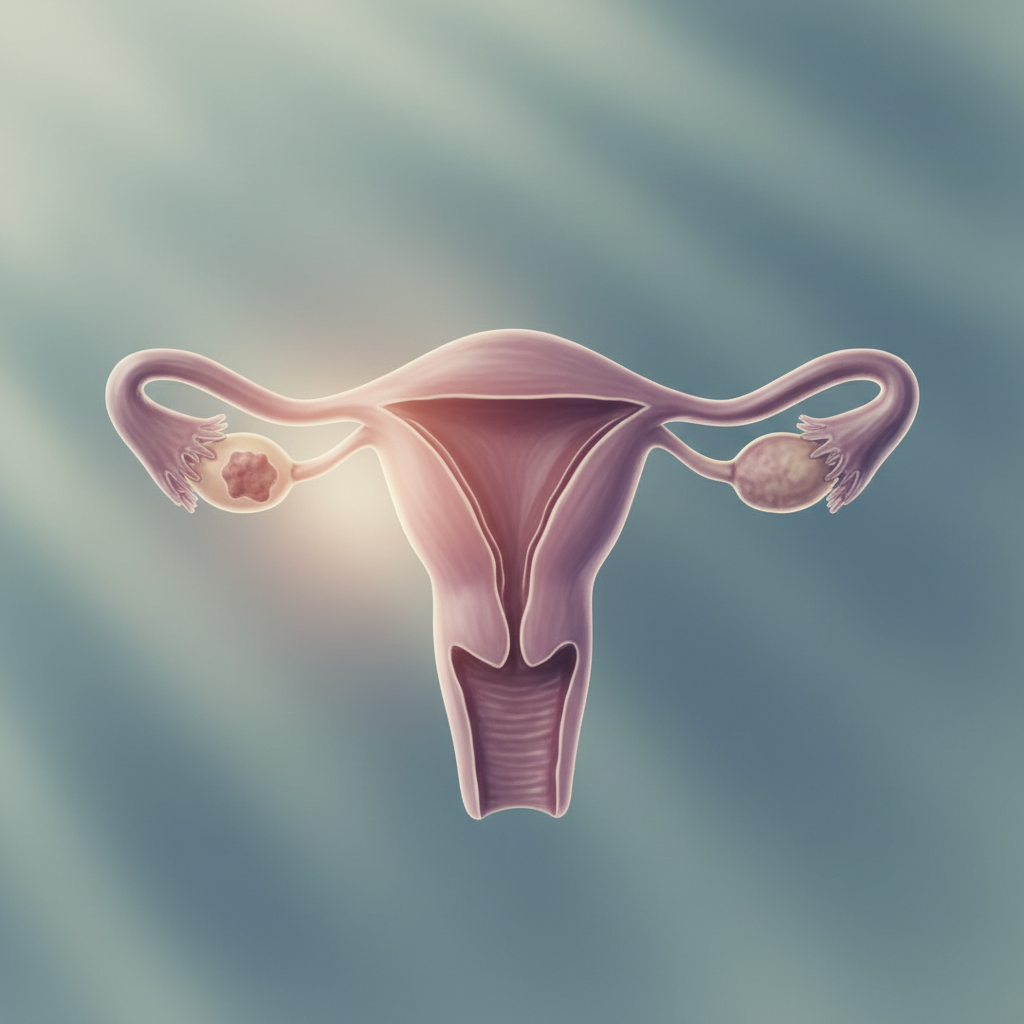 Detailed anatomical view of the female reproductive system with a small ovarian tumor highlighted.