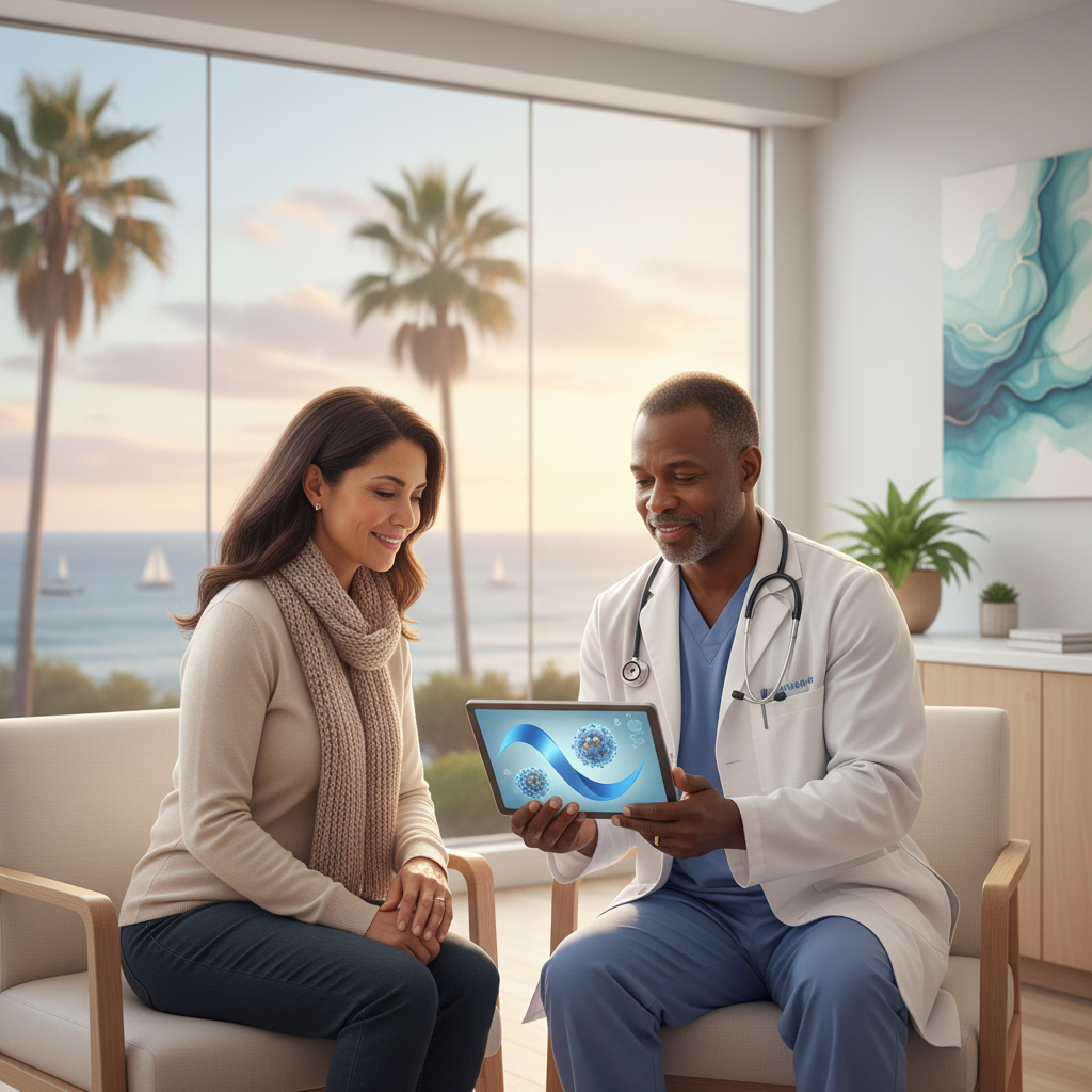 A woman and her doctor discussing treatment options for ovarian cancer in a modern Newport Beach clinic.