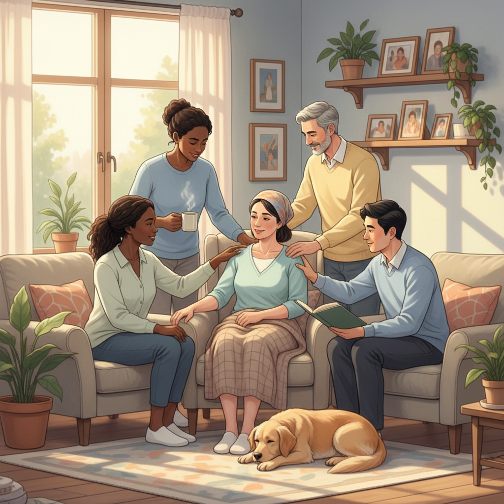 A diverse group of caregivers (family and friends) providing quiet, loving support to a breast cancer patient in a cozy living room, emphasizing connection and shared comfort.