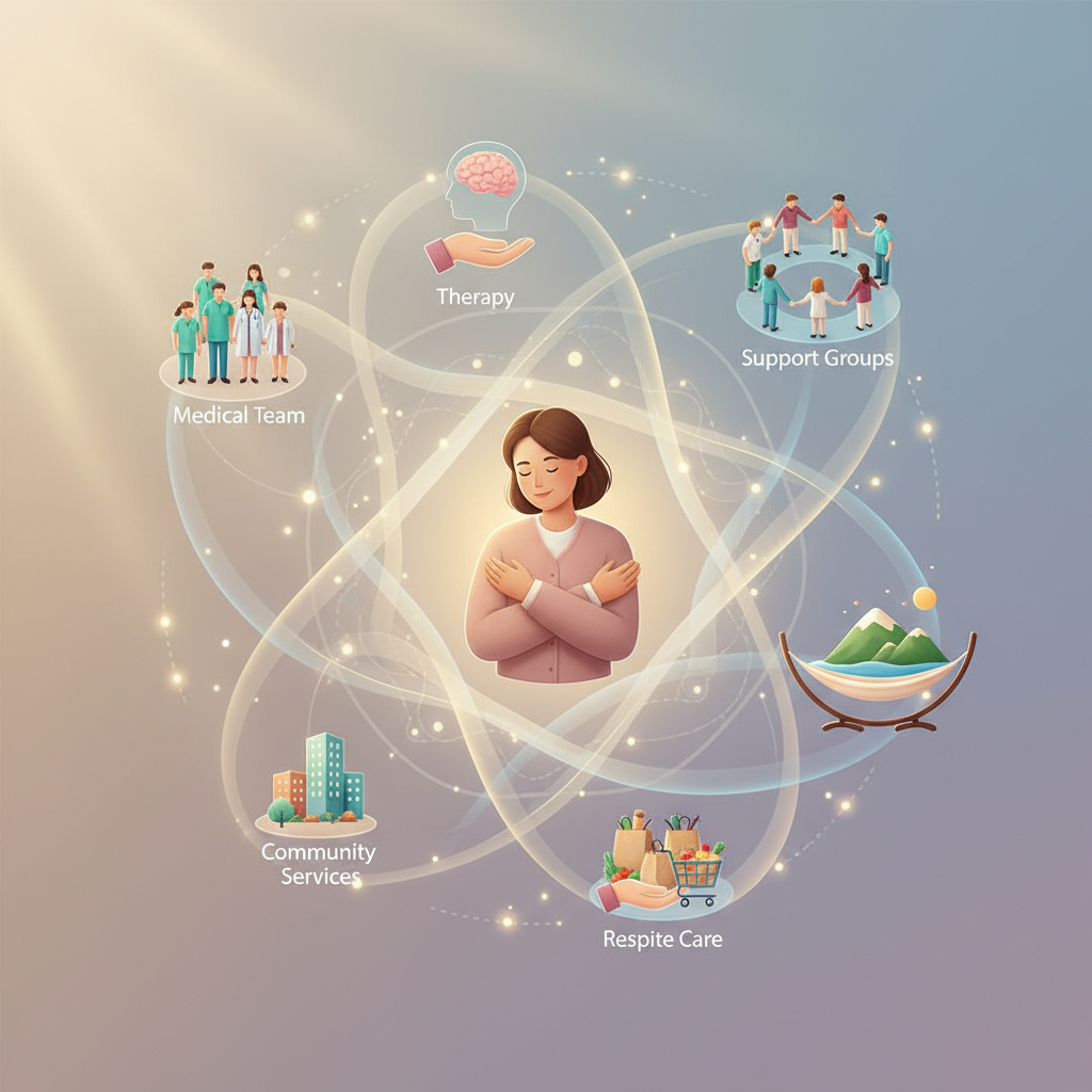 An interconnected web of support resources surrounding a caregiver figure, illustrating access to various services like medical professionals, therapists, local support groups, and respite care.