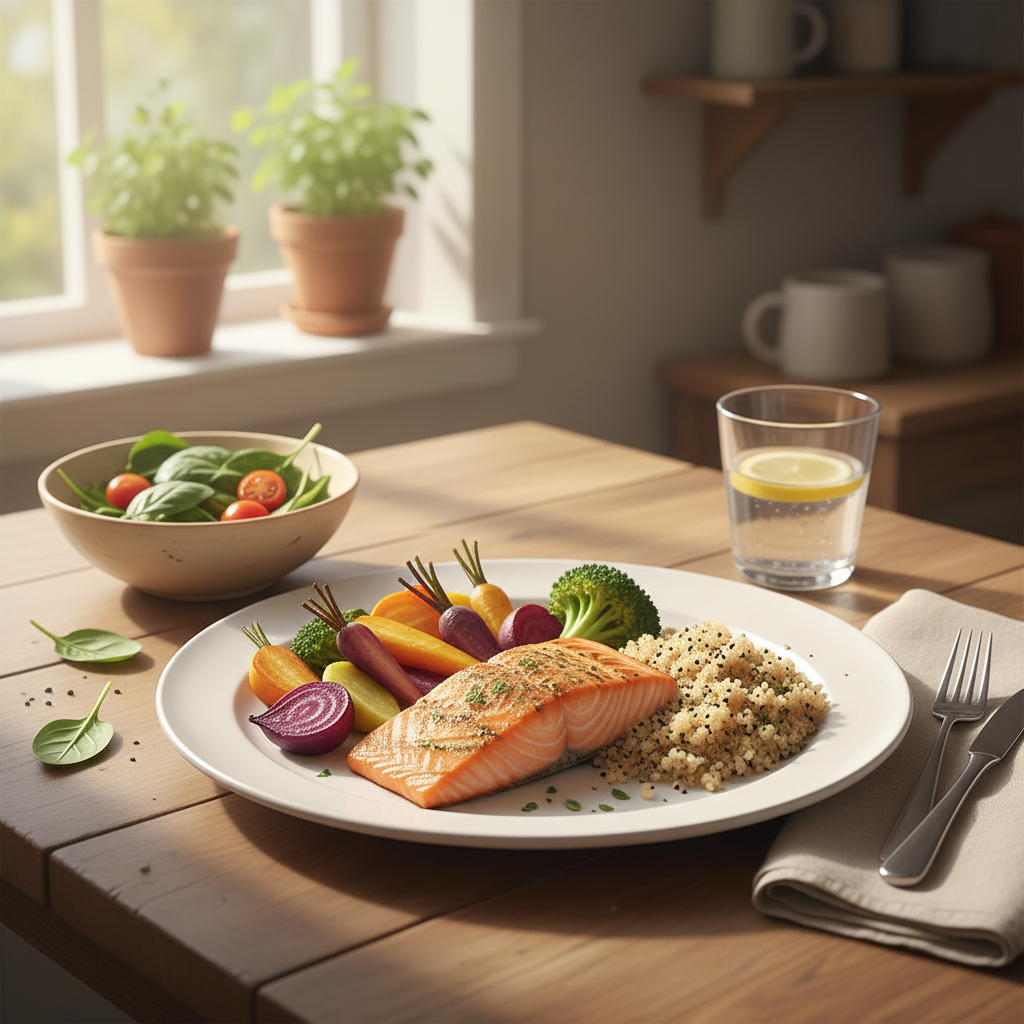 A vibrant and balanced meal on a clean table, symbolizing good nutrition during cancer treatment.