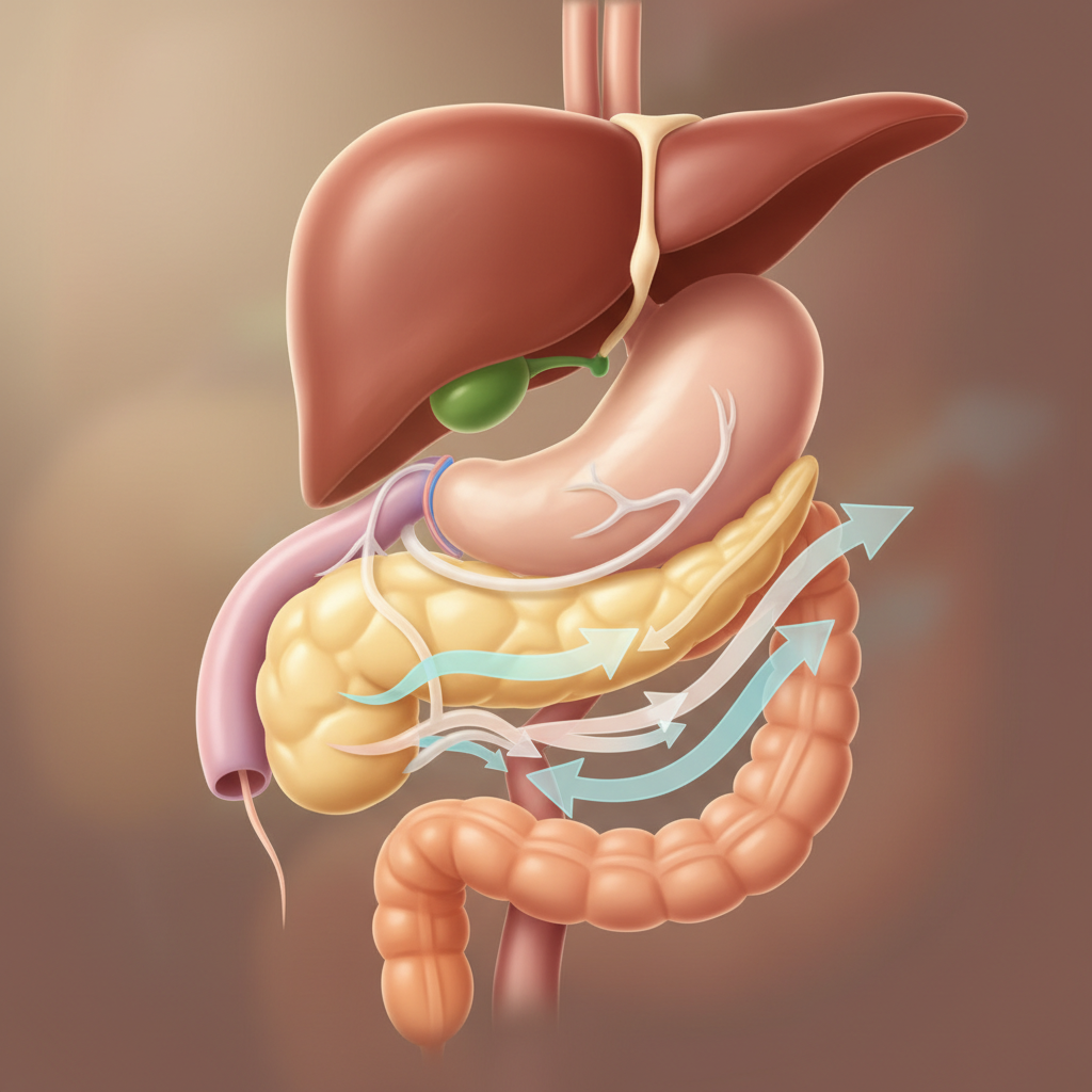 Detailed anatomical illustration of the pancreas and its role in producing digestive enzymes.