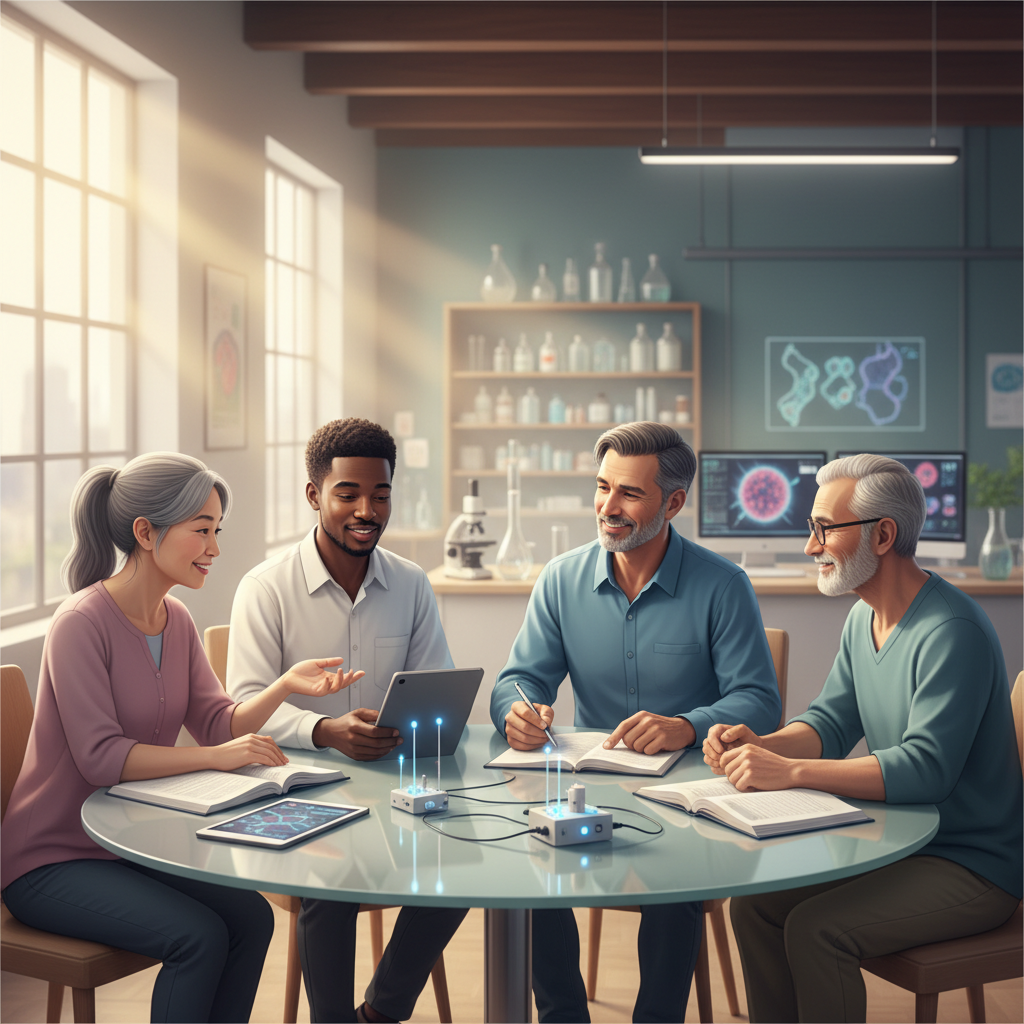 Patients and clinicians discussing prostate cancer clinical trials in a modern clinic.