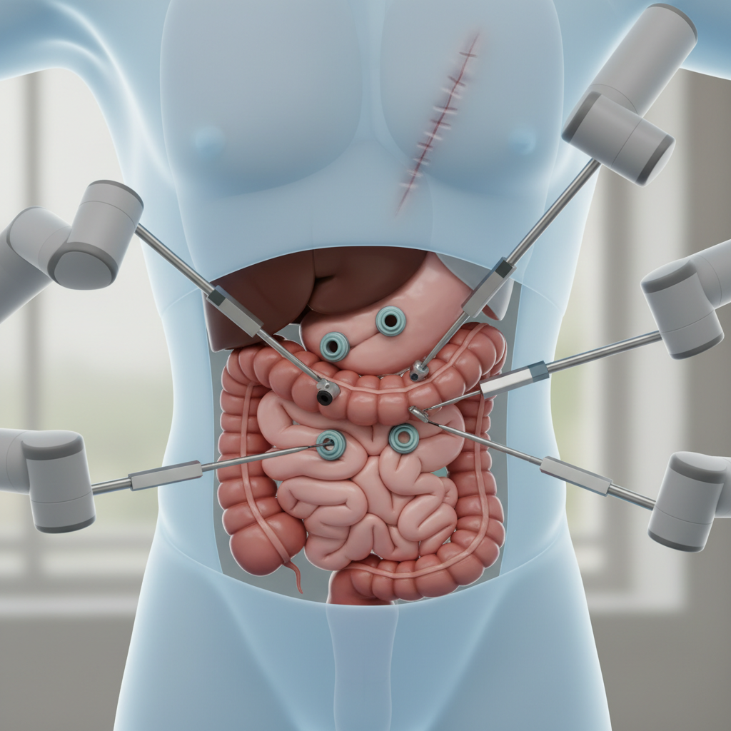 Diagram showing tiny incisions made by robotic arms during minimally invasive colorectal cancer surgery, targeting the colon and rectum.