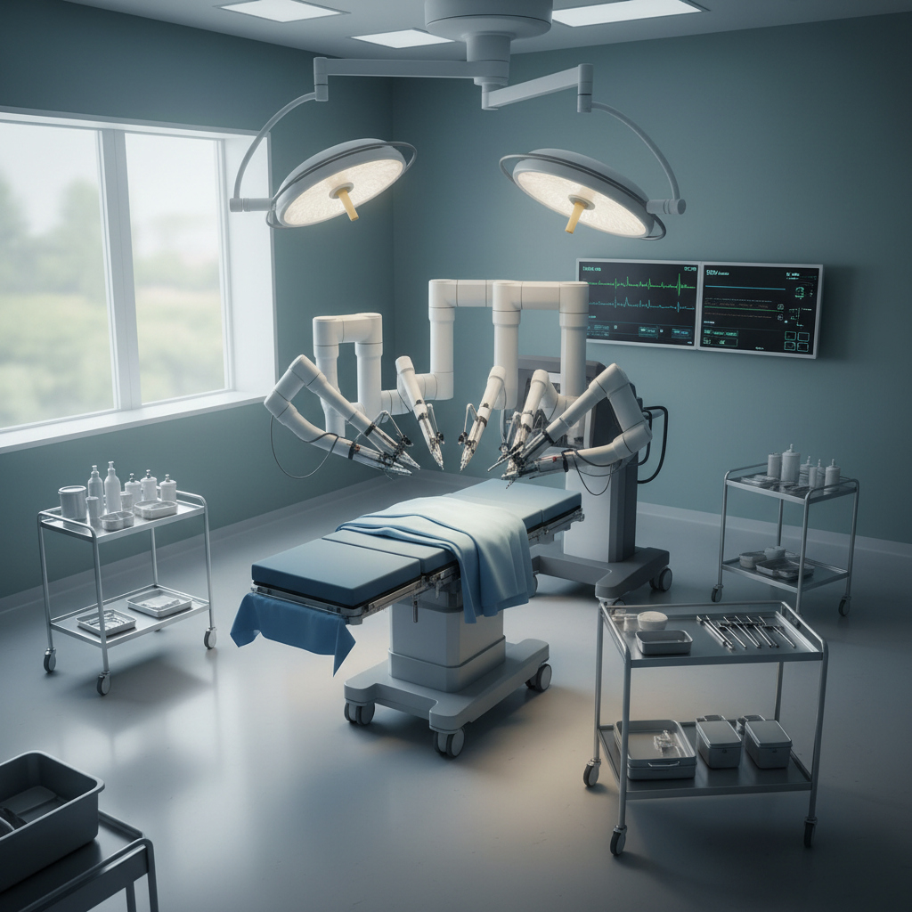 Robotic surgical system in a modern operating room setup, symbolizing advanced precision in colorectal cancer treatment.