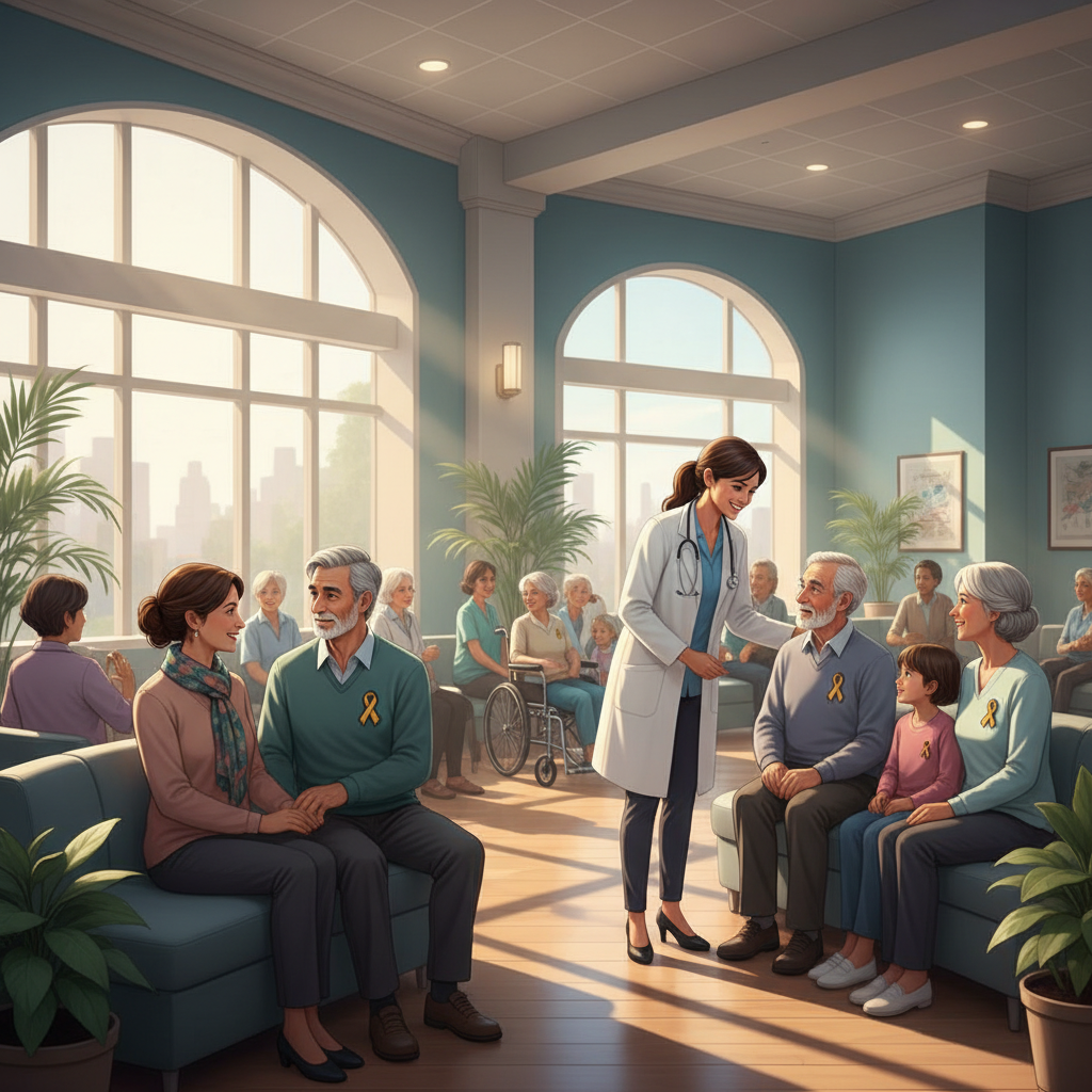 Diverse patients and caregivers receiving compassionate support from healthcare professionals in a bright, modern medical setting.