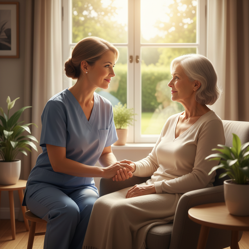 A comforting image of a caregiver holding a patient's hand, symbolizing support and care during a challenging time.