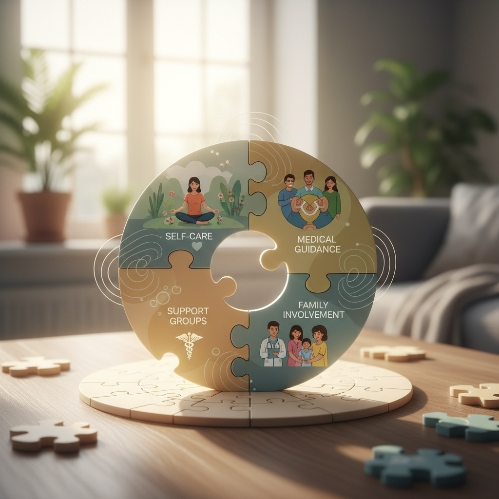 An illustration showing various components of caregiver support, such as self-care, community, and professional help, all interconnected to form a complete picture of well-being.