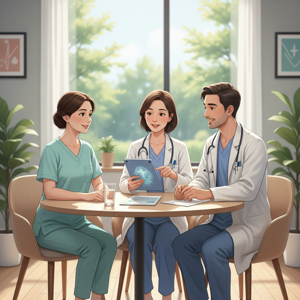 A patient discussing their colorectal cancer treatment plan and potential side effects with their compassionate cancer care team in a modern clinic.