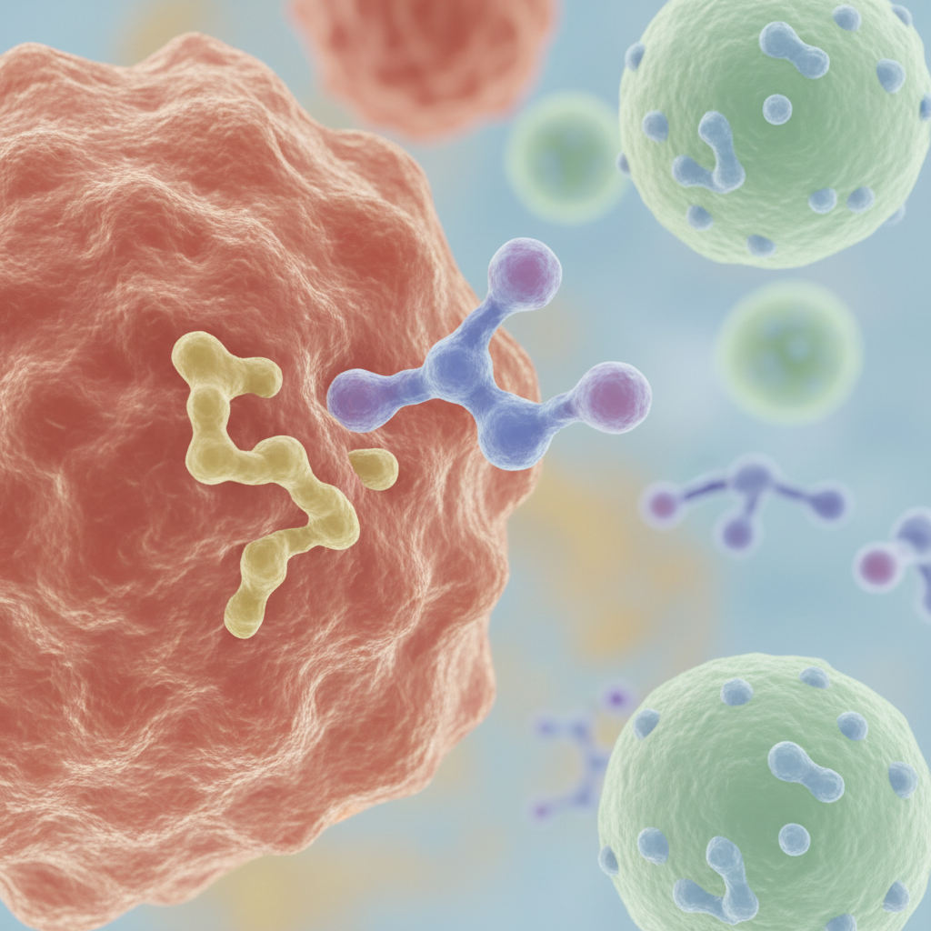 Illustration of a targeted therapy drug molecule precisely attaching to a specific protein on a cancer cell, demonstrating how it targets cancer while sparing healthy cells.