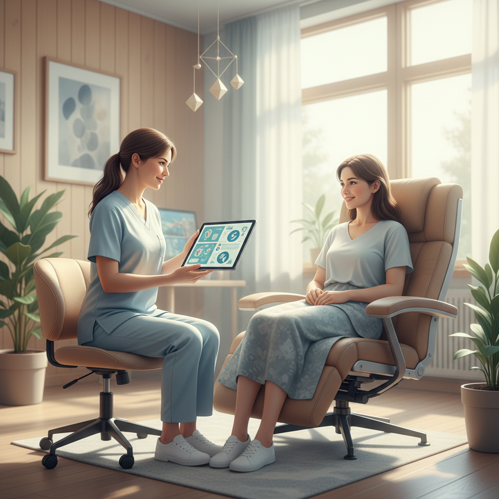 A caregiver and patient discussing medical information on a tablet, symbolizing support in navigating cancer treatments.