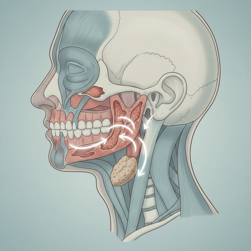 Medical illustration showing the anatomy of the head and neck, focusing on the oral cavity and throat, indicating areas commonly affected by cancer and treatment.