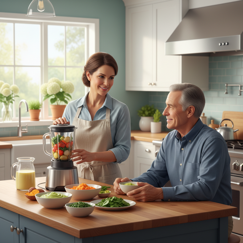 A caregiver gently preparing a nutritious, soft food meal for a loved one undergoing head and neck cancer treatment.