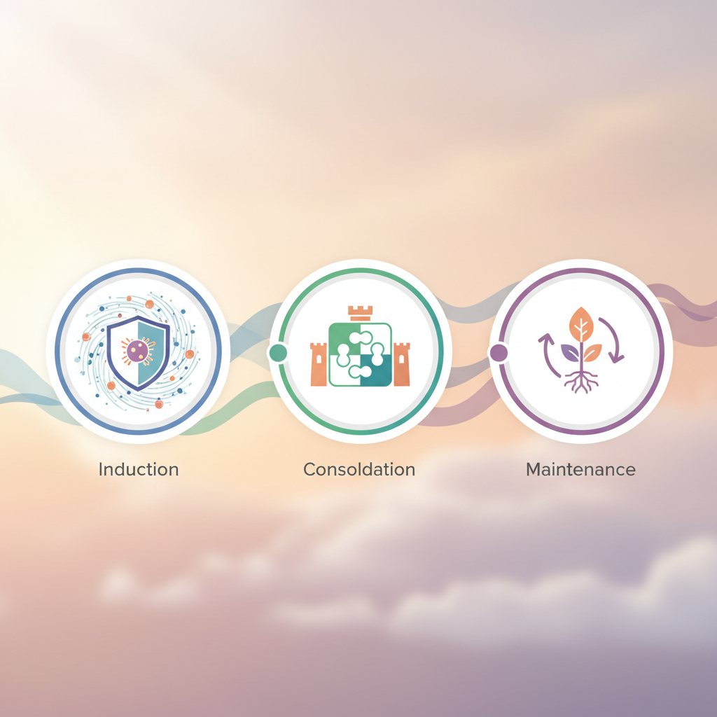 An infographic showing the phases of pediatric leukemia treatment: induction, consolidation, and maintenance.