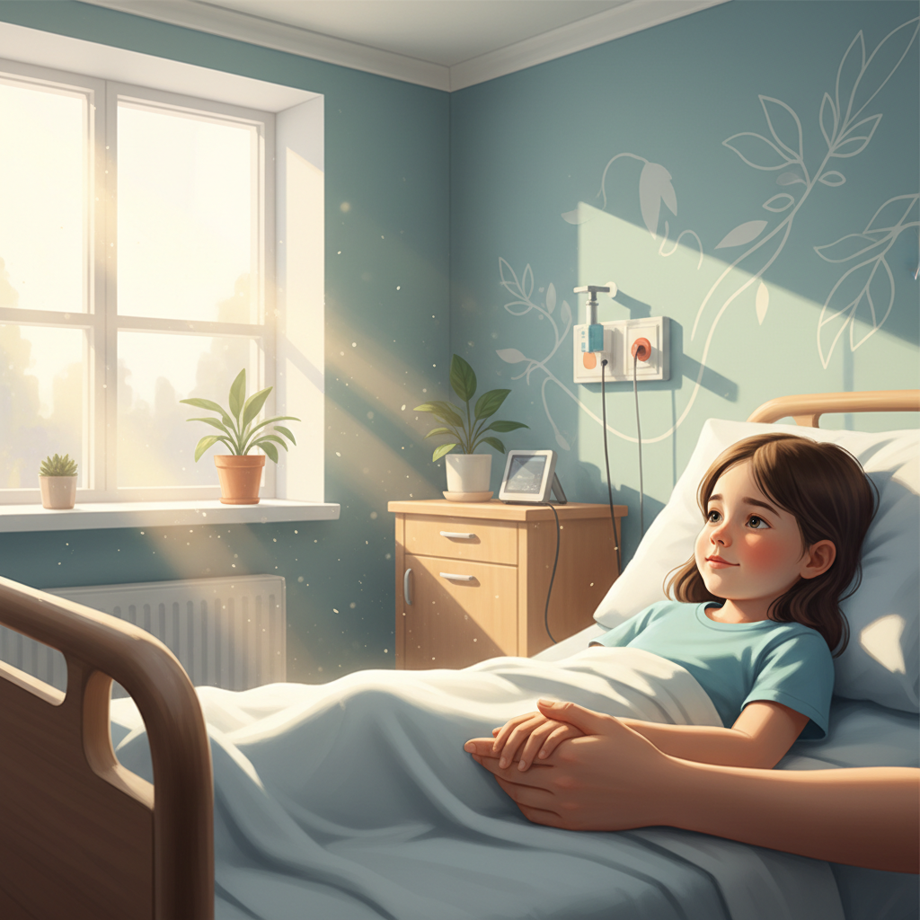 A parent gently holding their child's hand in a comforting hospital room, symbolizing support during a leukemia journey.