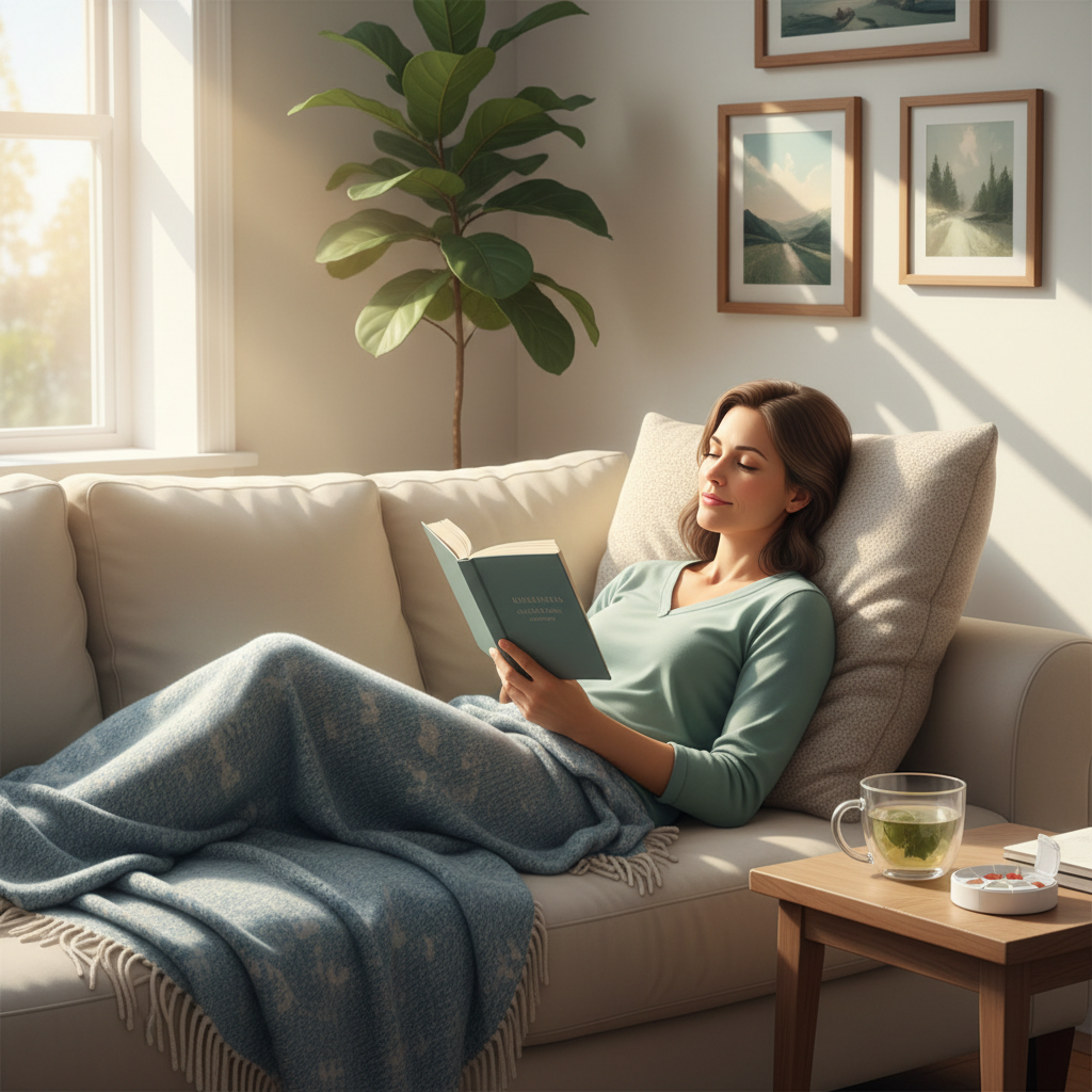 A person relaxing comfortably at home, managing chemotherapy side effects.