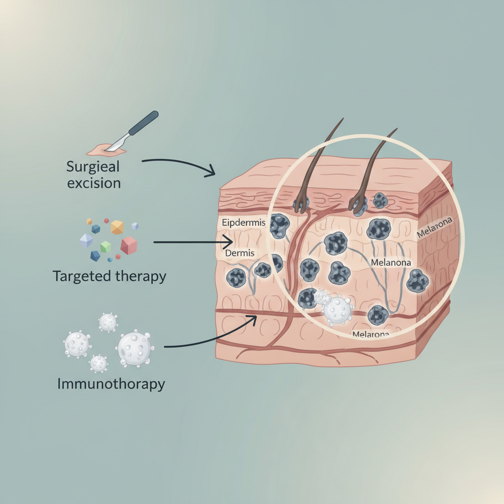 Diagram illustrating the progression of melanoma through skin layers and different treatment modalities targeting the cancer cells.