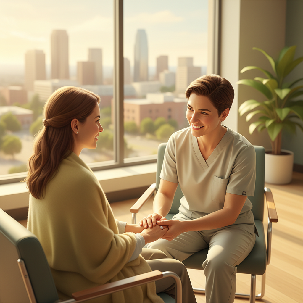 Caregiver holding a melanoma patient's hand in a medical setting, symbolizing support and care during treatment.