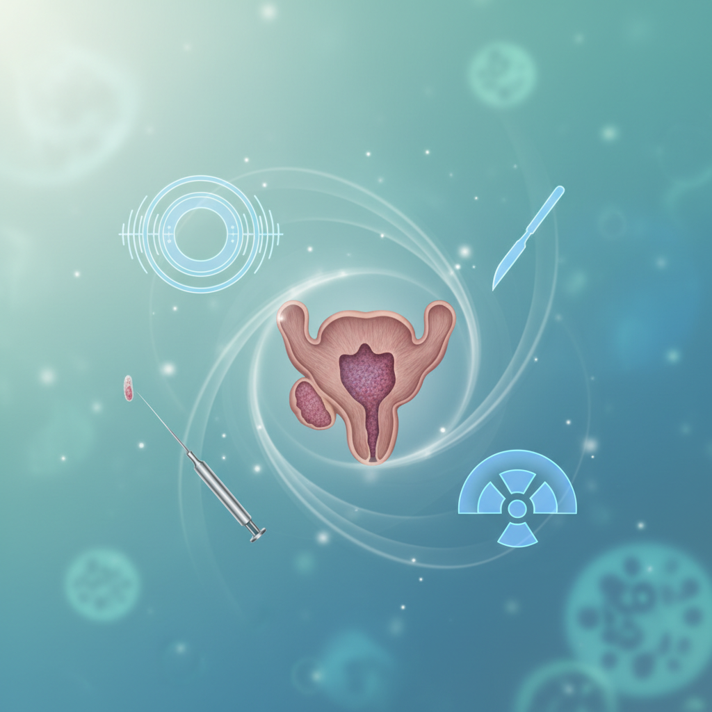 Medical illustration depicting the prostate gland, diagnostic methods, and various treatment options for prostate cancer.