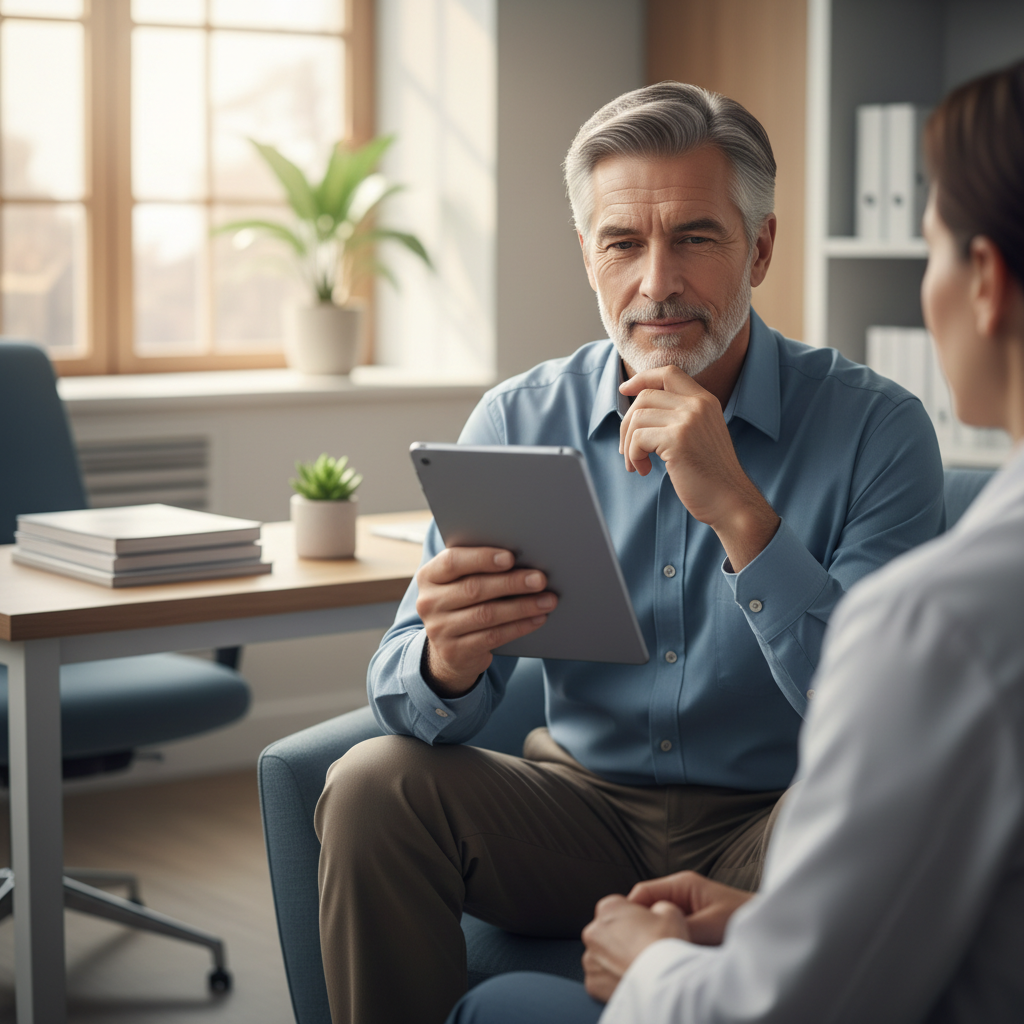 A man thoughtfully considering his options for prostate cancer treatment.