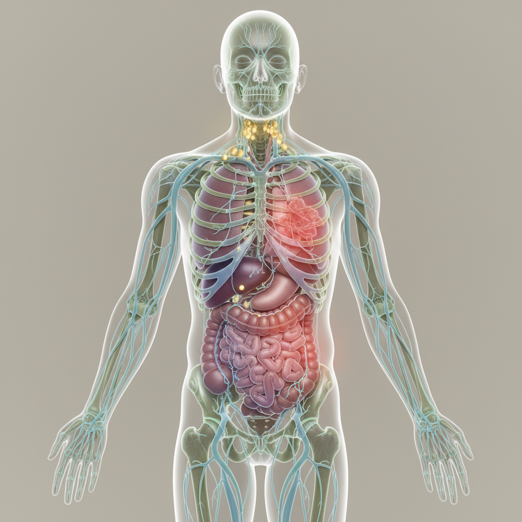 Detailed diagram illustrating the lymphatic system and common sites of lymphoma involvement.