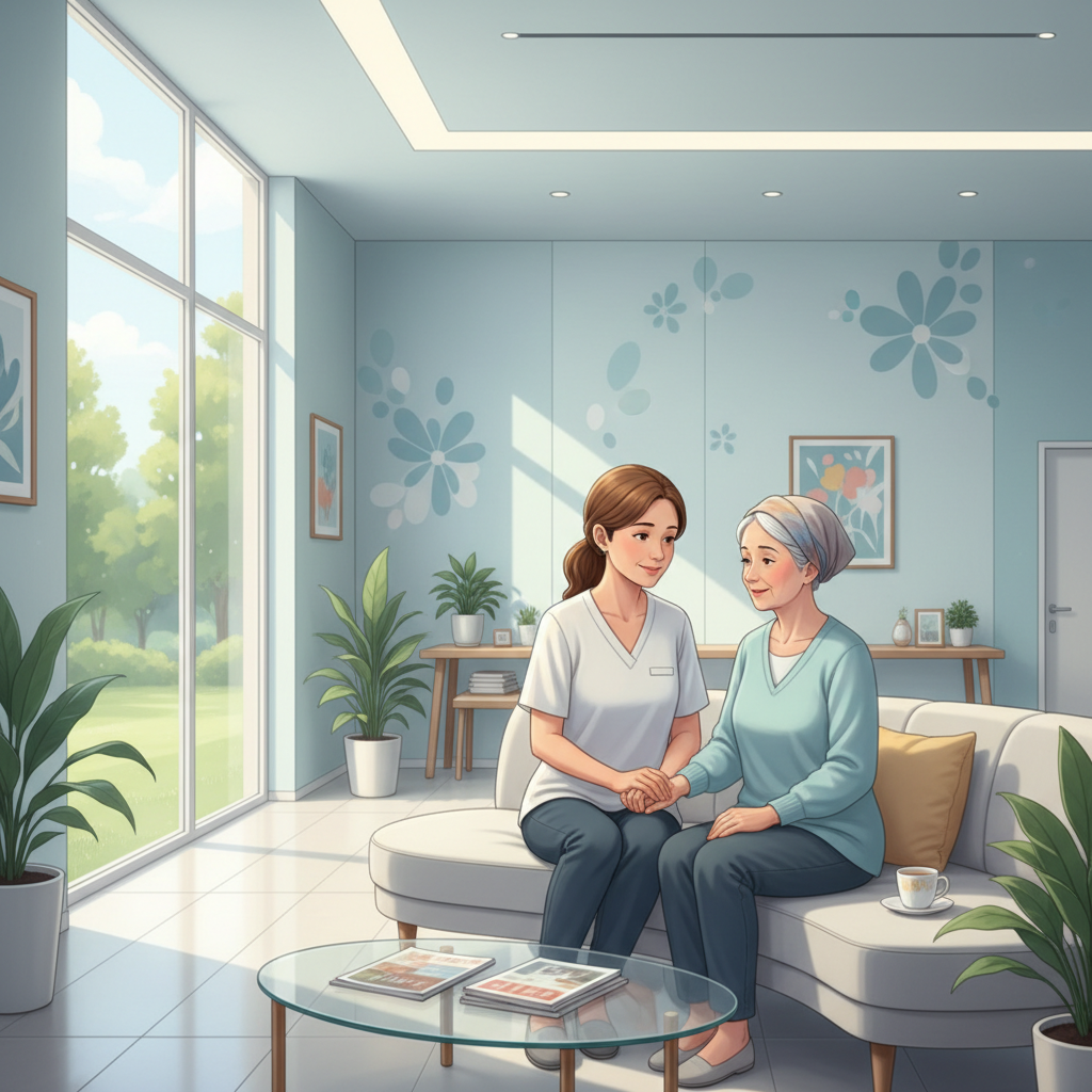 A caregiver gently holding the hand of a person with lymphoma in a supportive medical setting.