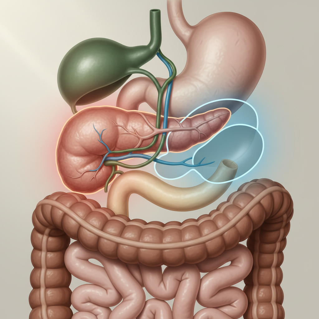 Detailed anatomical illustration showing the pancreas, duodenum, and surrounding organs, highlighting the complex region involved in pancreatic cancer surgery.