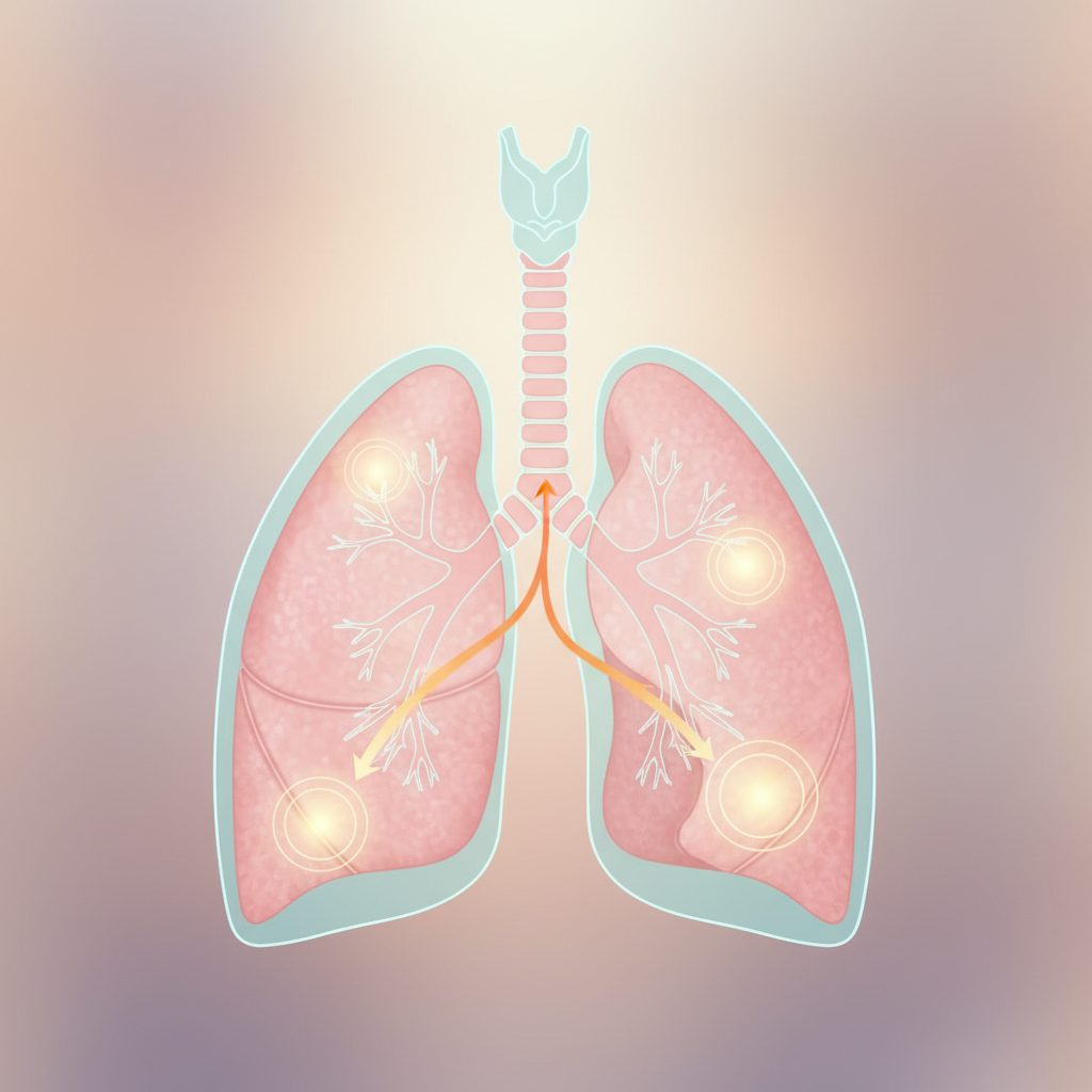 Simplified diagram of the human respiratory system with highlights on lung areas, representing targeted therapies in cancer research.