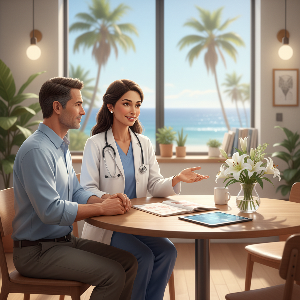 Doctor and patient discussing treatment options in a modern clinic in Orange County, symbolizing hope with new lung cancer clinical trials.
