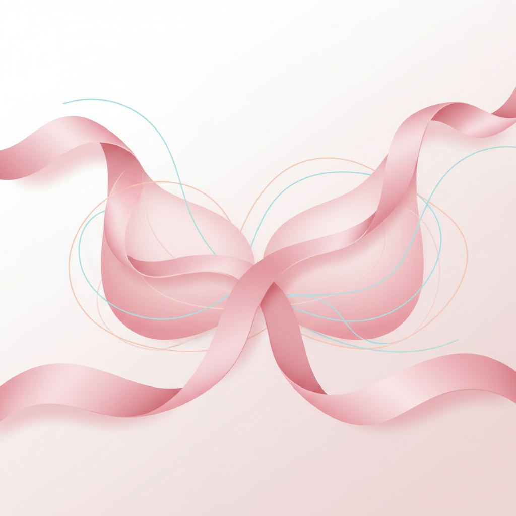 Abstract illustration symbolizing breast health awareness with soft pink ribbons and caring hands.